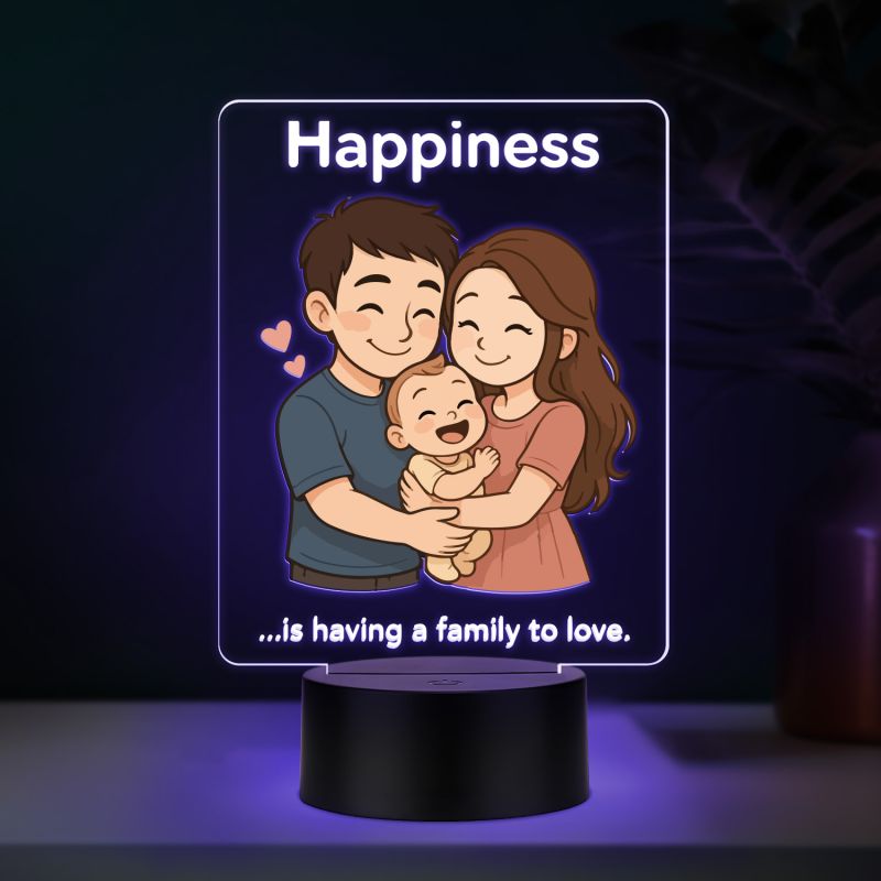 Happiness is Having A Family to Love Quote Engraved LED Night Lamp with Automatic Color Changing Light Gift for Parents Bedroom Decor Light